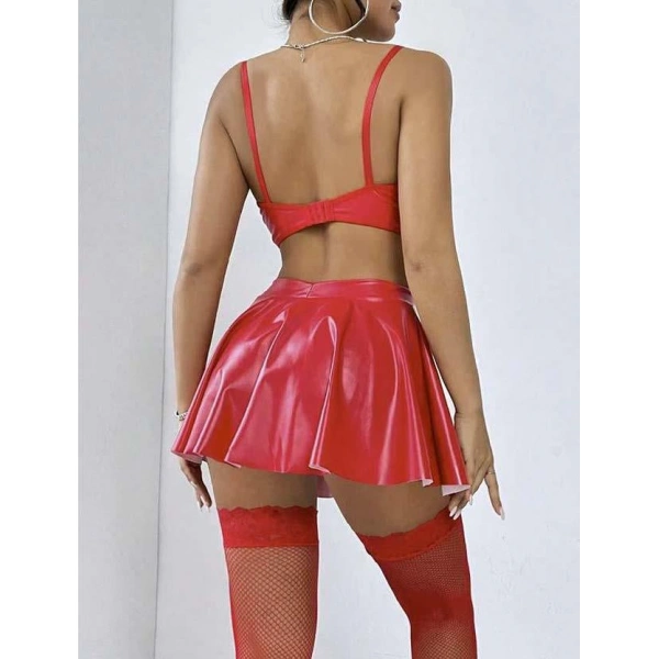 Kırmızı Etekli Fantezi Deri Şık Elbise