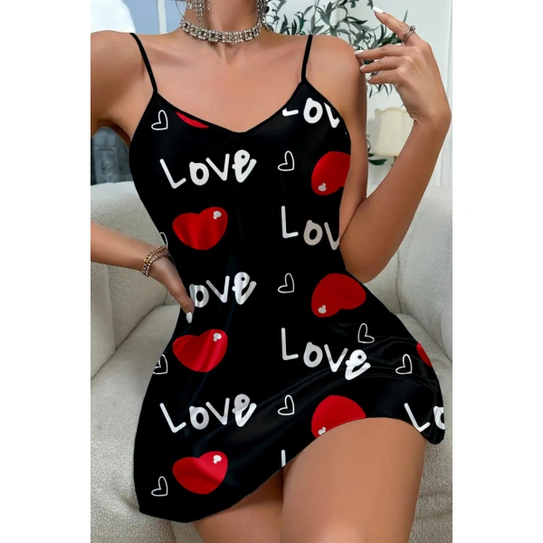 Love Desenli Saten Gecelik