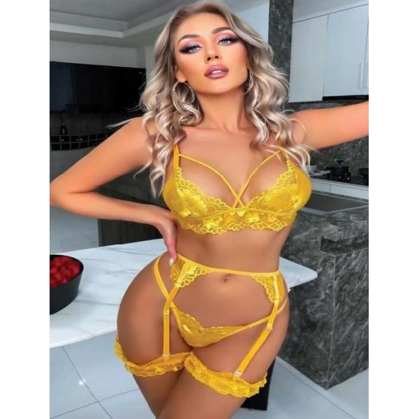 Sarı Göğüs İp Detaylı Fantezi Jartiyer Takım