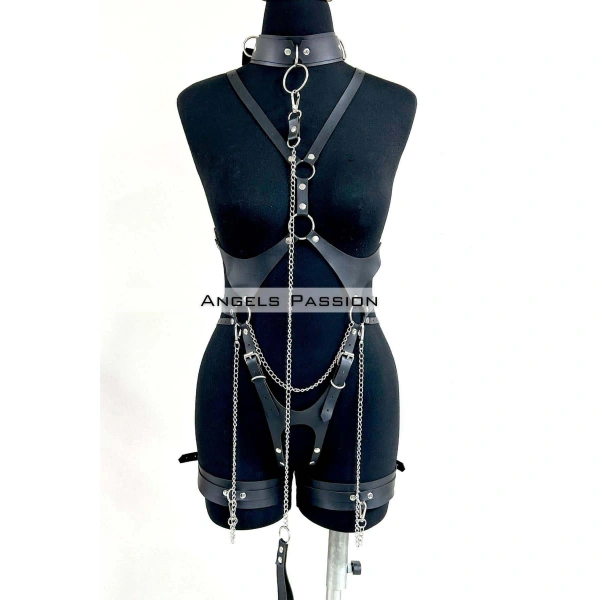 Tasma Ve Zincir Detaylı Şık Deri Harness, Deri Fantezi Giyim- Brf1225