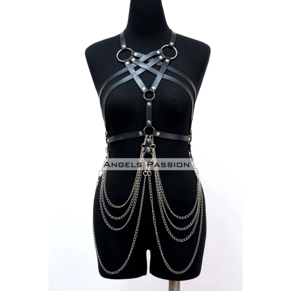Zincir Detaylı Deri Göğüs Harness, Deri Fantezi Giyim, Elbise Aksesuar - Brf11