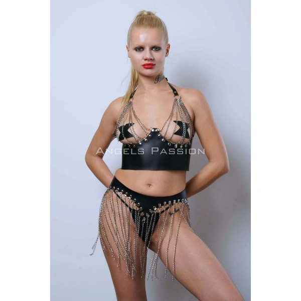 Zincirli Büstiyer Etek Takım, Şık Deri Etek Ve Büstiyer - Brf994