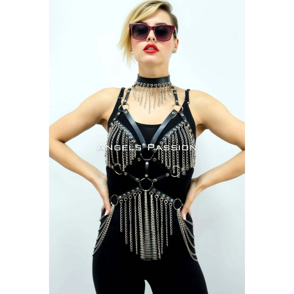 Zincirli Deri Harness, Deri Dansçı Kostüm, Choker Detaylı Deri Harness - Brf1397