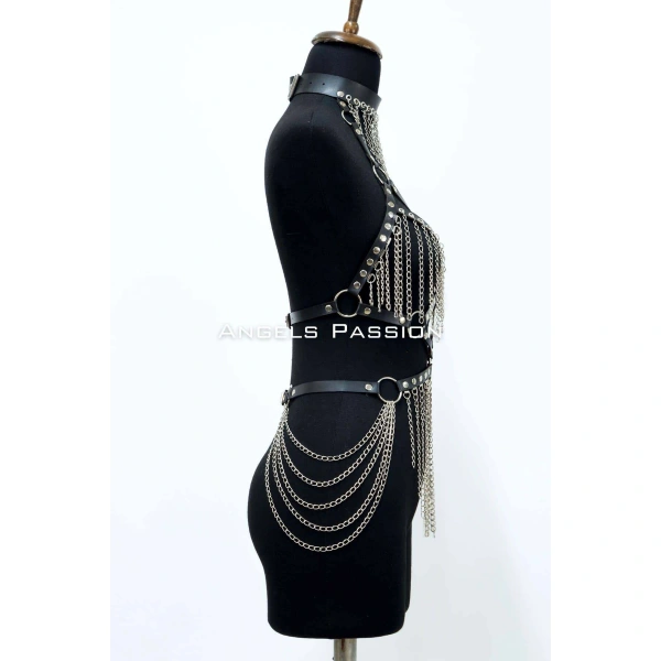 Zincirli Deri Harness, Deri Dansçı Kostüm, Choker Detaylı Deri Harness - Brf1397