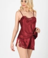 Bordo Saten Babydoll Şortlu Takım - 281