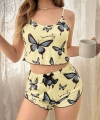 Kadın Sarı Kelebek Desenli Askılı Şortlu Ribana Pijama Takımı,rahat Ve Şık Ev Giyim,kadın Pijama
