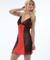 Kırmızı Siyah Dantelli Saten Gecelik - M-373