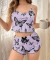 Mor Renk Kelebek Desenli Şortlu Ev Giyim Takımı,kadın Yazlık Askılı Pijama, Rahat Ve Şık Ev Giyim