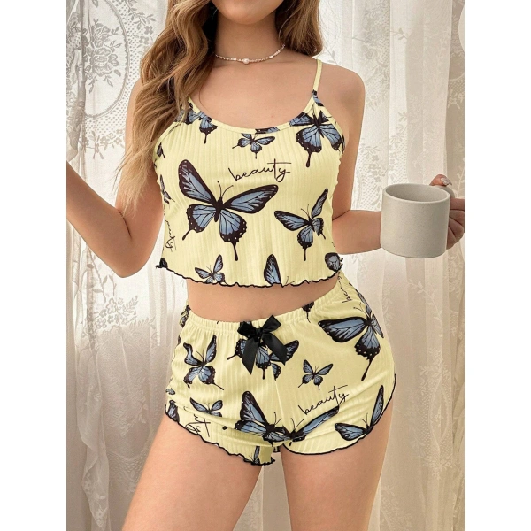 Kadın Sarı Kelebek Desenli Askılı Şortlu Ribana Pijama Takımı,rahat Ve Şık Ev Giyim,kadın Pijama