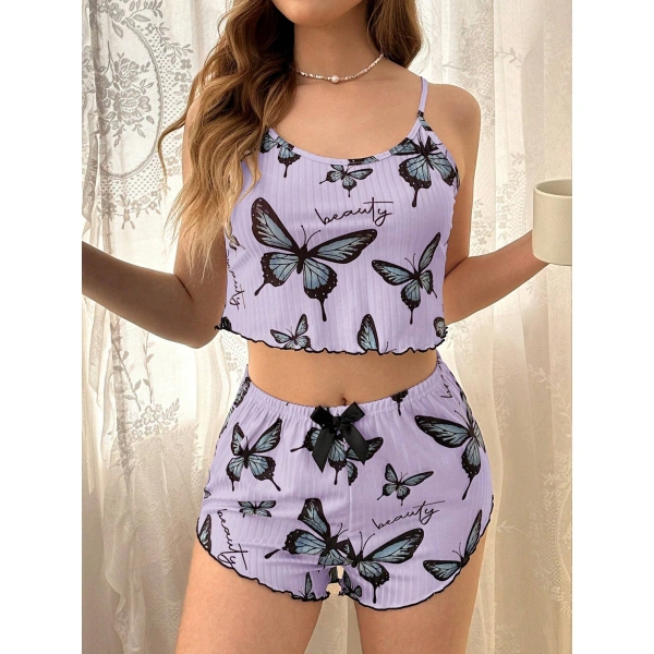 Mor Renk Kelebek Desenli Şortlu Ev Giyim Takımı,kadın Yazlık Askılı Pijama, Rahat Ve Şık Ev Giyim