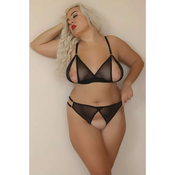 Özel Bölgeleri Açık Büyük Beden Siyah Transparan Fantazi Sütyen Takımı Brf1306