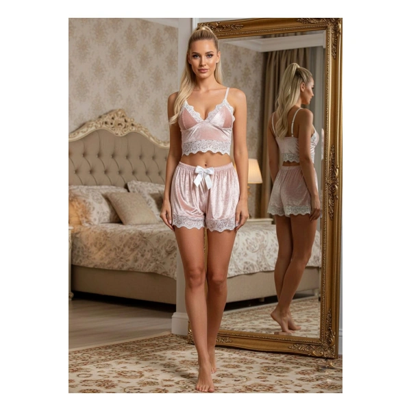 Pudra Kadife Dantelli Sabahlık & Gecelik Takım 3 Lü - 1438