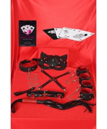 Beruflic Sexy Görselli Oyun Kartı Kama Sutra 7li Kırmızı Siyah Harness Set