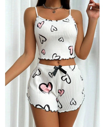 Beyaz Kalp Desen Detaylı 2li Pijama Takımı