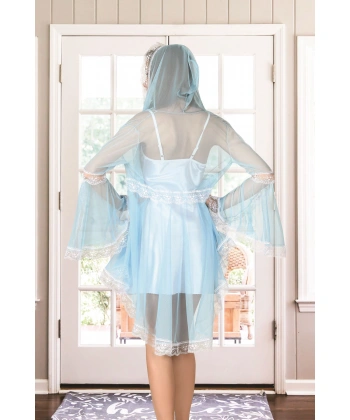 Beyaz Turkuaz Tül Dantelli Sabahlık & Gecelik Takım 2 Li - 1478