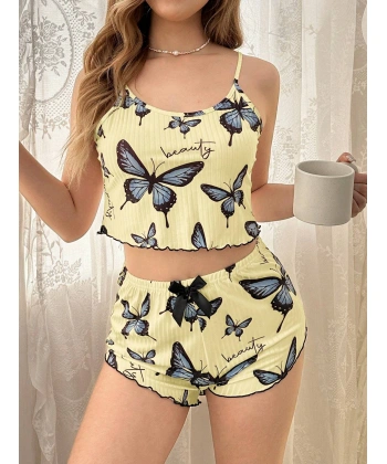 Kadın Sarı Kelebek Desenli Askılı Şortlu Ribana Pijama Takımı,rahat Ve Şık Ev Giyim,kadın Pijama