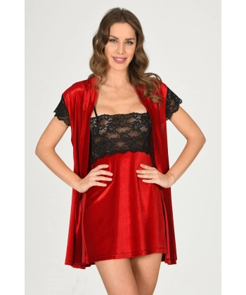 Kırmızı Kadife Sabahlık & Gecelik Takım 2 Li - 1428