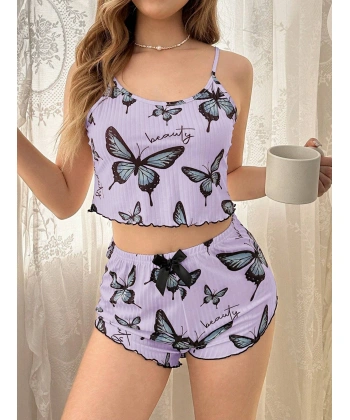 Mor Renk Kelebek Desenli Şortlu Ev Giyim Takımı,kadın Yazlık Askılı Pijama, Rahat Ve Şık Ev Giyim