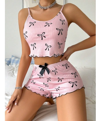 Pembe Fiyonklu Askılı Şortlu Kadın Pijama Takımı, Yumuşak Kumaş, Şık Detaylar,yazlık Kadın Pijama