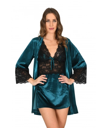 Petrol Yeşili Kadife Sabahlık & Gecelik Takım 2 Li - 1443