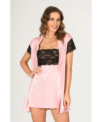 Pudra Kadife Sabahlık & Gecelik Takım 2 Li - 1430