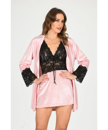 Pudra Kadife Sabahlık & Gecelik Takım 2 Li - 1446