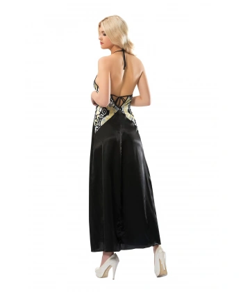 Siyah Dantelli Saten Gecelik - 086