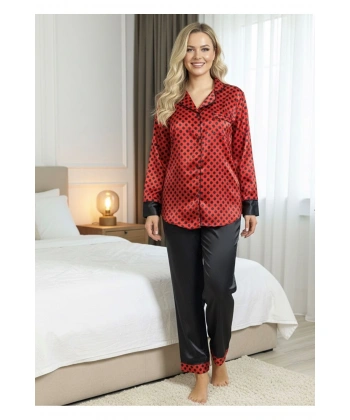 Siyah-kırmızı Saten Pijama Takımı - 1621