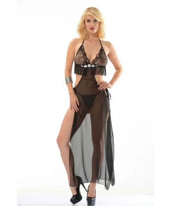 Siyah Püsküllü Şifon Gecelik - 201