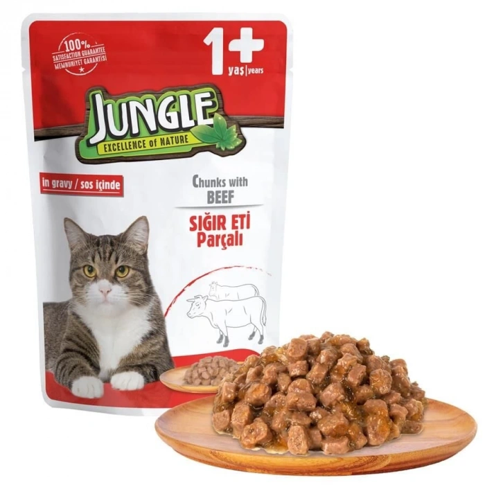 Jungle Pouch Dana Eti Parçalı Soslu Yetişkin Kedi Konservesi 100 gr