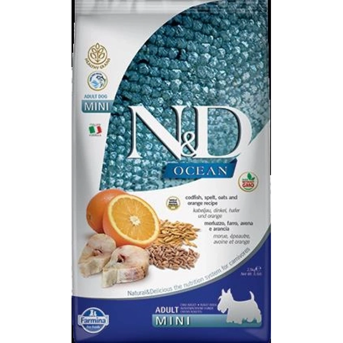 ND Az Tahıllı Balıklı Portakallı Yetişkin Mini Köpek Maması 2,5 Kg