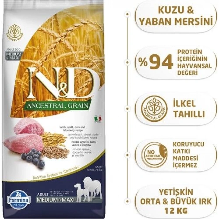 ND Az Tahıllı Kuzulu Medium Maxi Köpek Maması 12 Kg