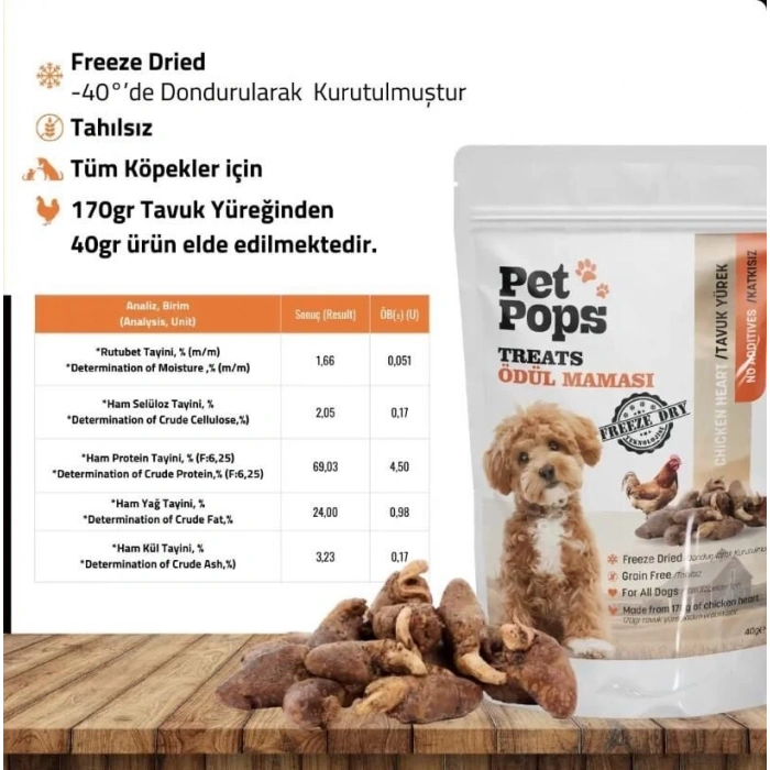 Pet Pops Freeze-Dried Tavuk Yüreği Köpek Ödülü 40 Gr