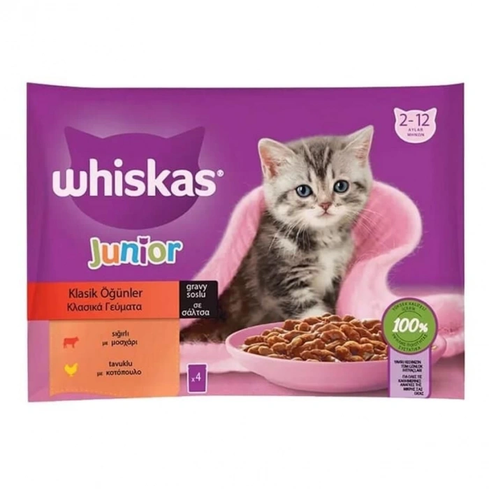 Whiskas Pouch Sos İçinde Sığırlı ve Tavuklu Yavru Kedi Konservesi 85gr (4lü)