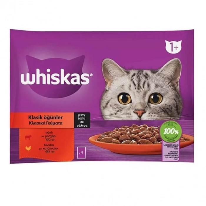 Whiskas Pouch Sos İçinde Sığırlı ve Tavuklu Yetişkin Kedi Konservesi 85gr (4lü)