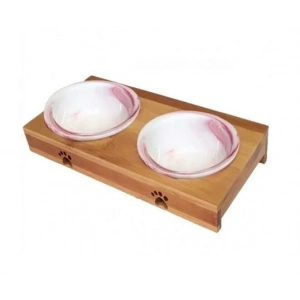 Carno Ahşap Kedi ve Küçük Irk Köpekler için Sehpalı İkili Seramik Mama ve Su Kabı 12cm 200ml (Pembe)