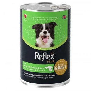 Reflex Plus Beyaz Balıklı ve Tatlı Patates Et Parçacıklı Soslu Köpek Konservesi 400 Gr