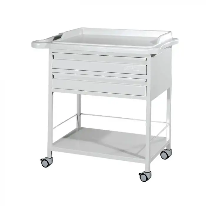 2 Çekmeceli Pansuman Arabası | ABS Tezgahlı, Metal Gövde, Antistatik Tekerlekli E-236