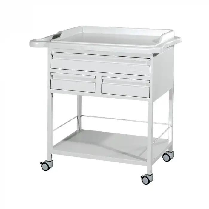 3 Çekmeceli Pansuman Arabası | ABS Antibakteriyel Üst Tezgahlı, Metal Gövde, Antistatik Tekerlekli E-237