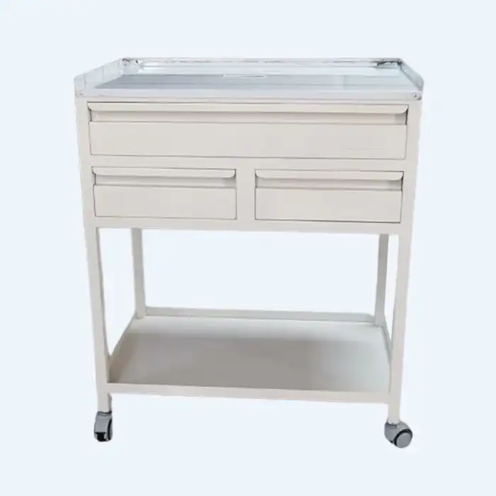 3 Çekmeceli Pansuman ve Cihaz Arabası | Paslanmaz Üst Tezgahlı, Antibakteriyel Metal Gövde, Antistatik Tekerlekli E-238