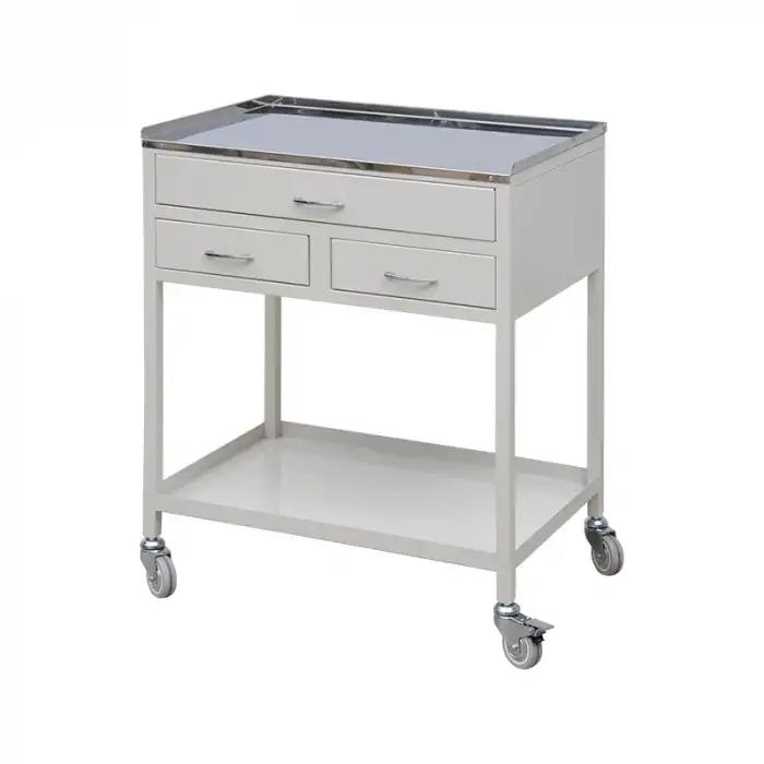 3 Çekmeceli Pansuman ve Cihaz Arabası | Paslanmaz Üst Tezgahlı, Antibakteriyel Metal Gövde, Antistatik Tekerlekli E-238