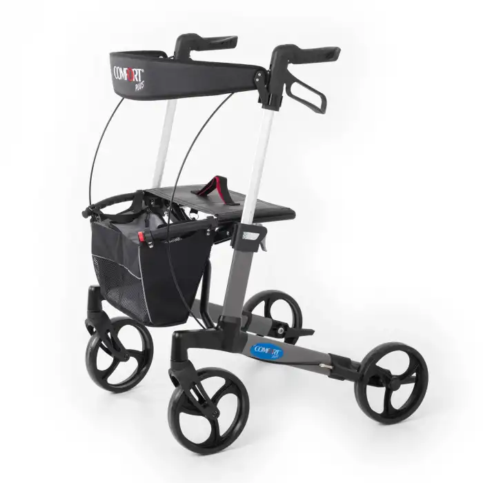 Comfort Plus Rolatör Yürüteç Gri | Alüminyum Şase, Katlanabilir 8” Frenli Tekerlekli, Oturaklı ve Sepetli Lux Model, Spirit-X3