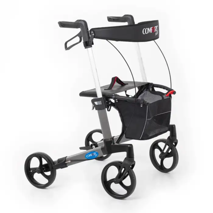 Comfort Plus Rolatör Yürüteç Gri | Alüminyum Şase, Katlanabilir 8” Frenli Tekerlekli, Oturaklı ve Sepetli Lux Model, Spirit-X3