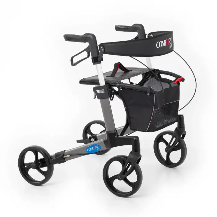 Comfort Plus Rolatör Yürüteç Gri | Alüminyum Şase, Katlanabilir 8” Frenli Tekerlekli, Oturaklı ve Sepetli Lux Model, Spirit-X3