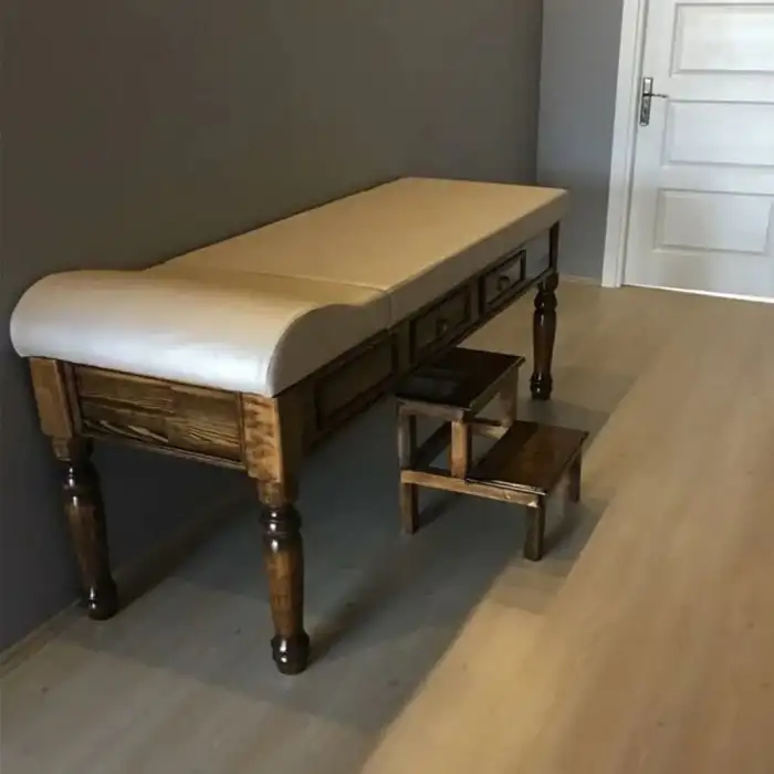 Ahşap Çekmeceli ve Eskobalı Muayene Masası | Tornalı Ayaklı, Ayarlanabilir ve El Yapımı