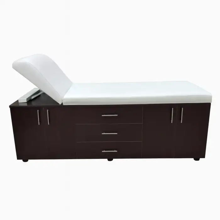 Ahşap Muayene Masası | 2 Dolaplı, 3 Çekmeceli ve Manuel Sırt Ayarlı Sağlam Yapı