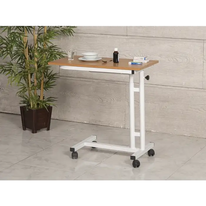 Ahşap Tablalı Yemek Servis Masası | Manuel Ayarlanabilir Bambu Tekerlekli Model