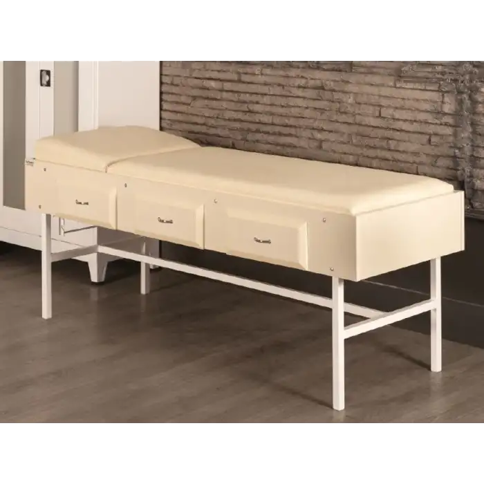 Ayarlanabilir Ahşap Çekmeceli Muayene Masası Beyaz | Manuel Sırt Ayarlı ve Depolama Alanlı TM-A1003