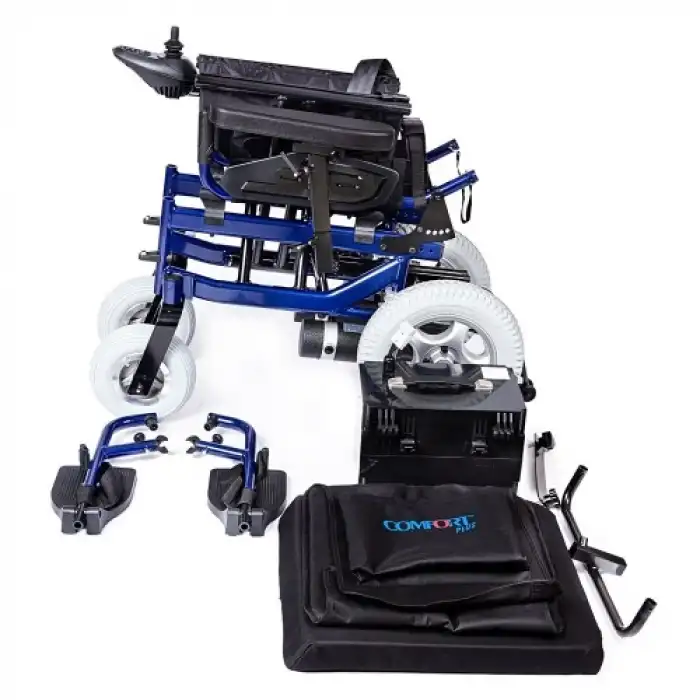 Comfort Plus Akülü Tekerlekli Sandalye Lacivert | 340W Motor, Yatarlı Sırt, Katlanabilir Alüminyum Şase, 130 kg Taşıma Kapasiteli Allure