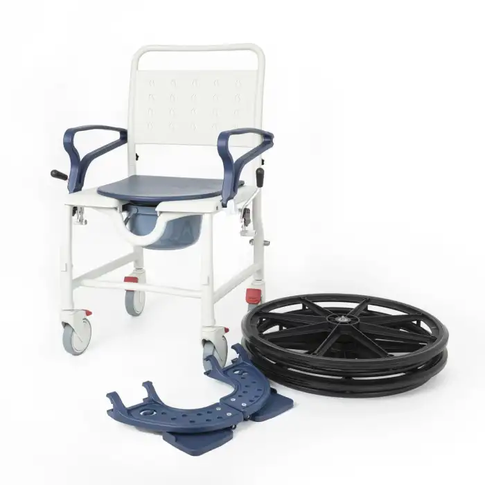 Comfort Plus Banyo ve Tuvalet Sandalyesi Lacivert | Soft Minderli, 4 Frenli Tekerlek, Paslanmaz Plastik Gövde DM-8088C